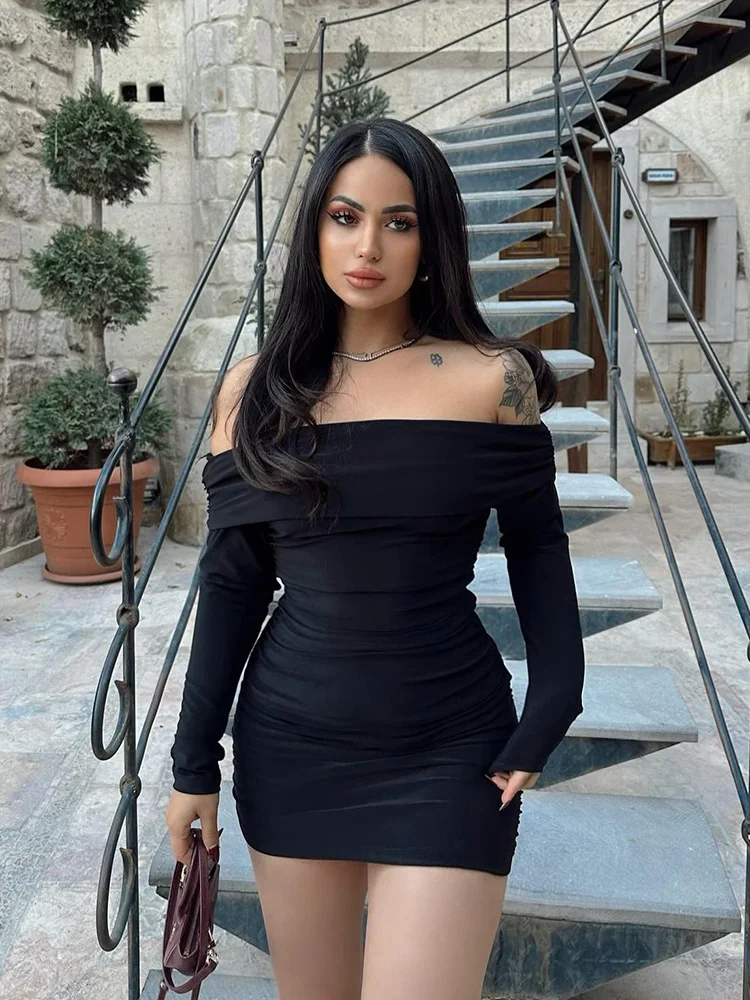 Off Shoulder Ruched Slim Mini Dress - Image 3