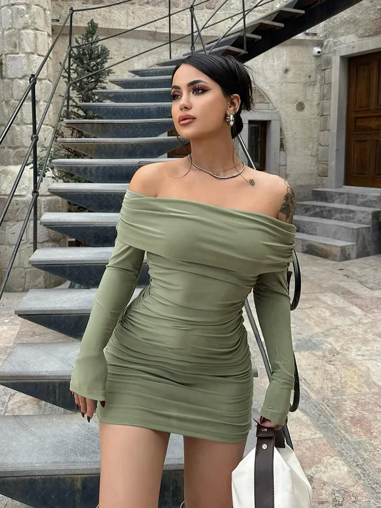 Off Shoulder Ruched Slim Mini Dress - Image 4
