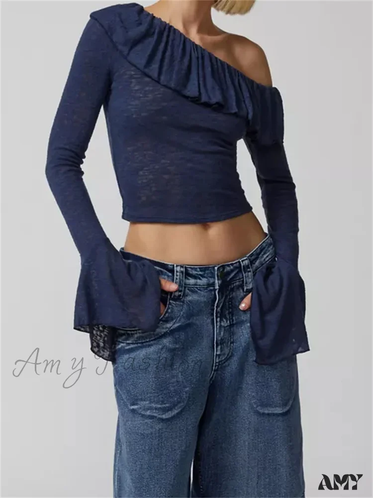 Amy Fashion - Off Shoulder Ruffles Solid Color Crop Tops T-Shirts - Image 2