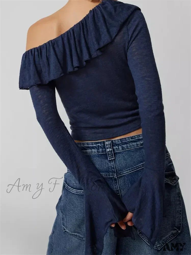 Amy Fashion - Off Shoulder Ruffles Solid Color Crop Tops T-Shirts - Image 3