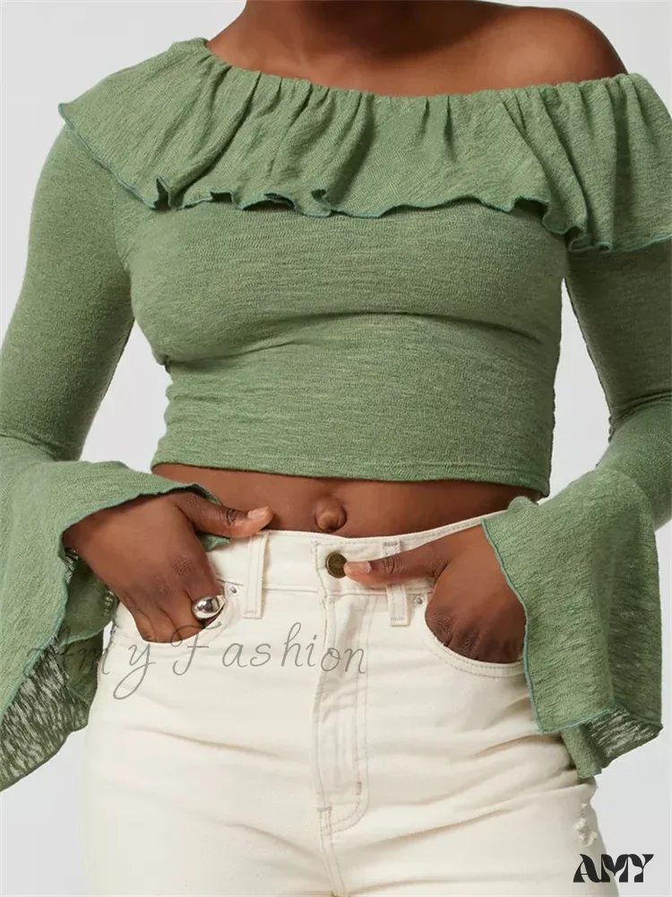 Amy Fashion - Off Shoulder Ruffles Solid Color Crop Tops T-Shirts - Image 4