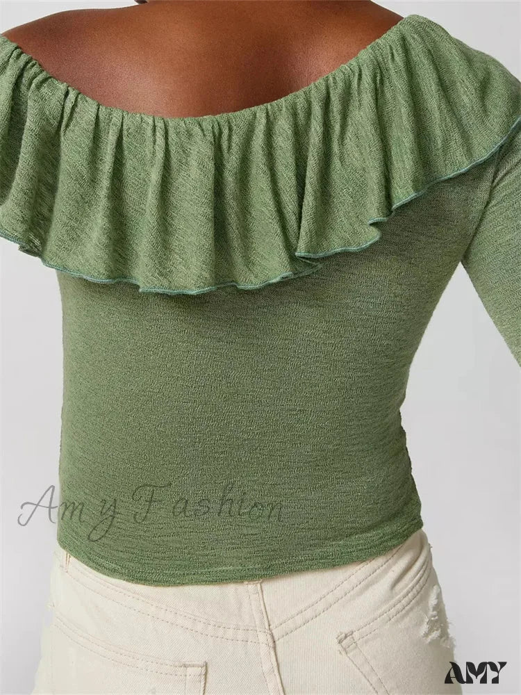 Amy Fashion - Off Shoulder Ruffles Solid Color Crop Tops T-Shirts - Image 5
