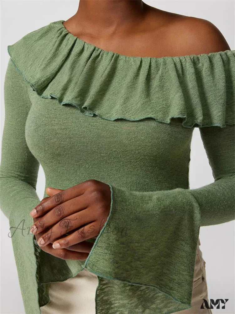 Amy Fashion - Off Shoulder Ruffles Solid Color Crop Tops T-Shirts - Image 6