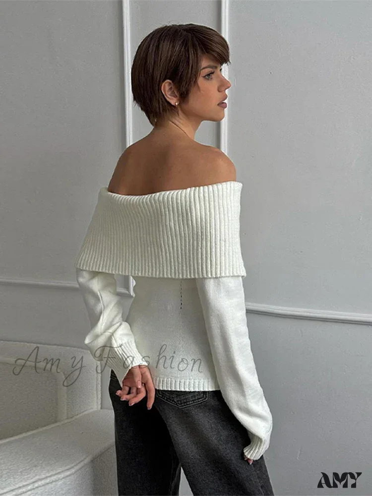 Off Shoulder Solid Slim Slash Neck Long Sleeve High Street Sweater - Image 2