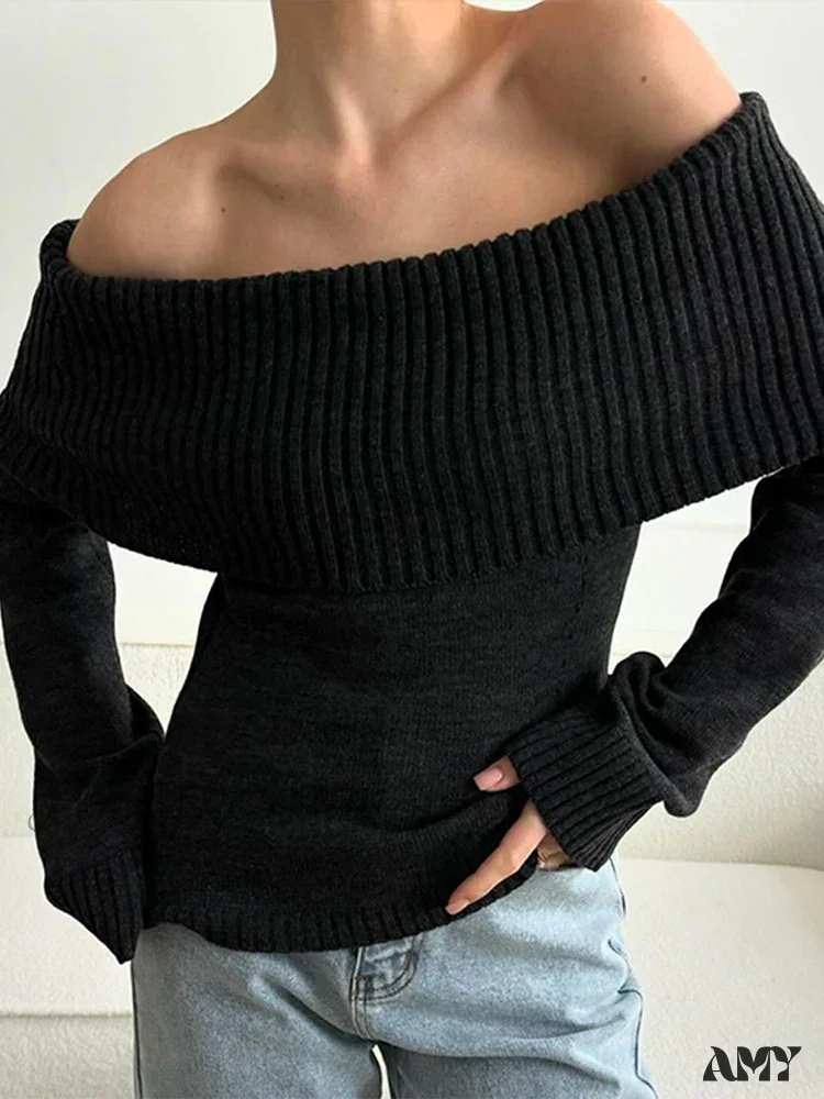 Off Shoulder Solid Slim Slash Neck Long Sleeve High Street Sweater - Image 3