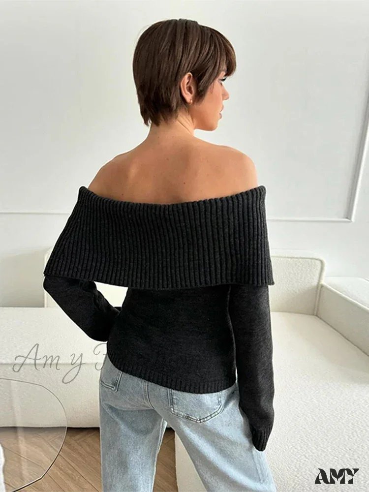 Off Shoulder Solid Slim Slash Neck Long Sleeve High Street Sweater - Image 4