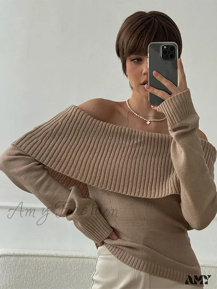 Off Shoulder Solid Slim Slash Neck Long Sleeve High Street Sweater - Image 5