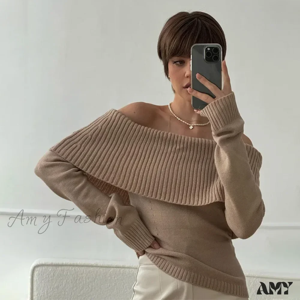 Off Shoulder Solid Slim Slash Neck Long Sleeve High Street Sweater - Image 9