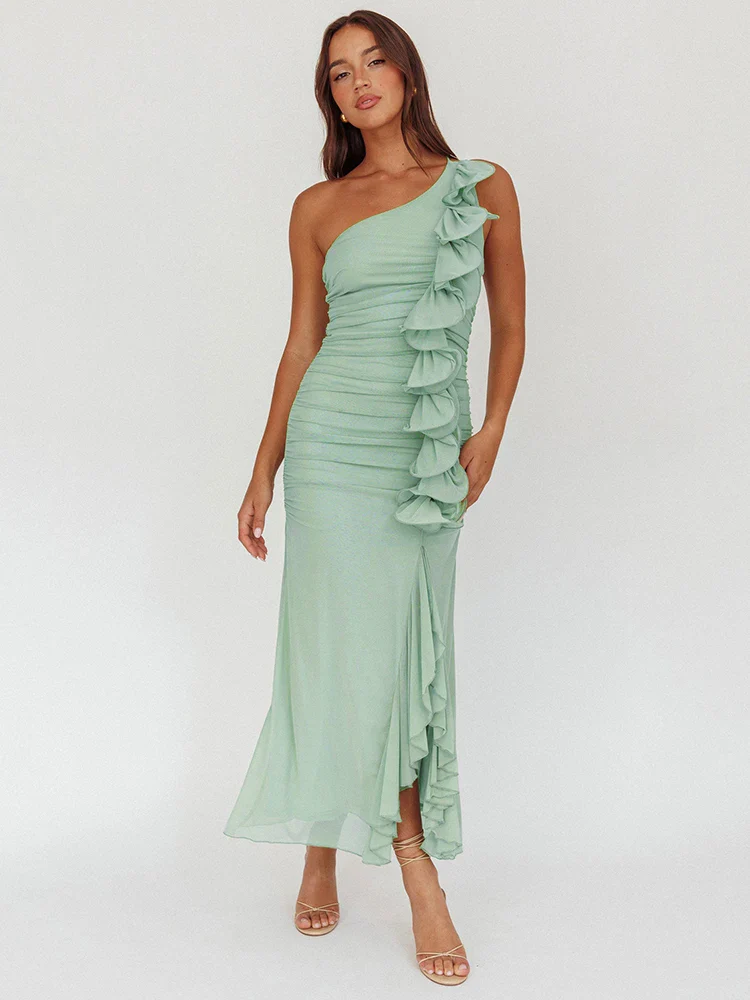 One Shoulder Draped Ruffle Bodycon Dress - Image 2