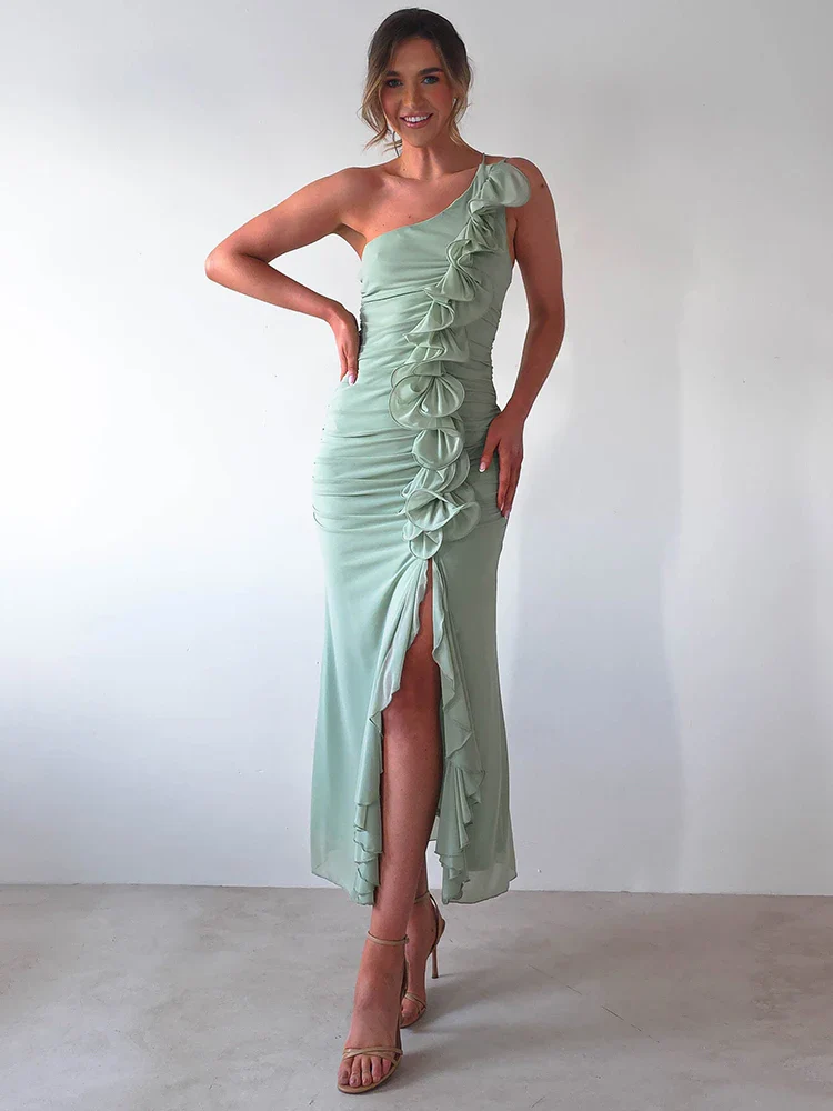 One Shoulder Draped Ruffle Bodycon Dress - Image 5