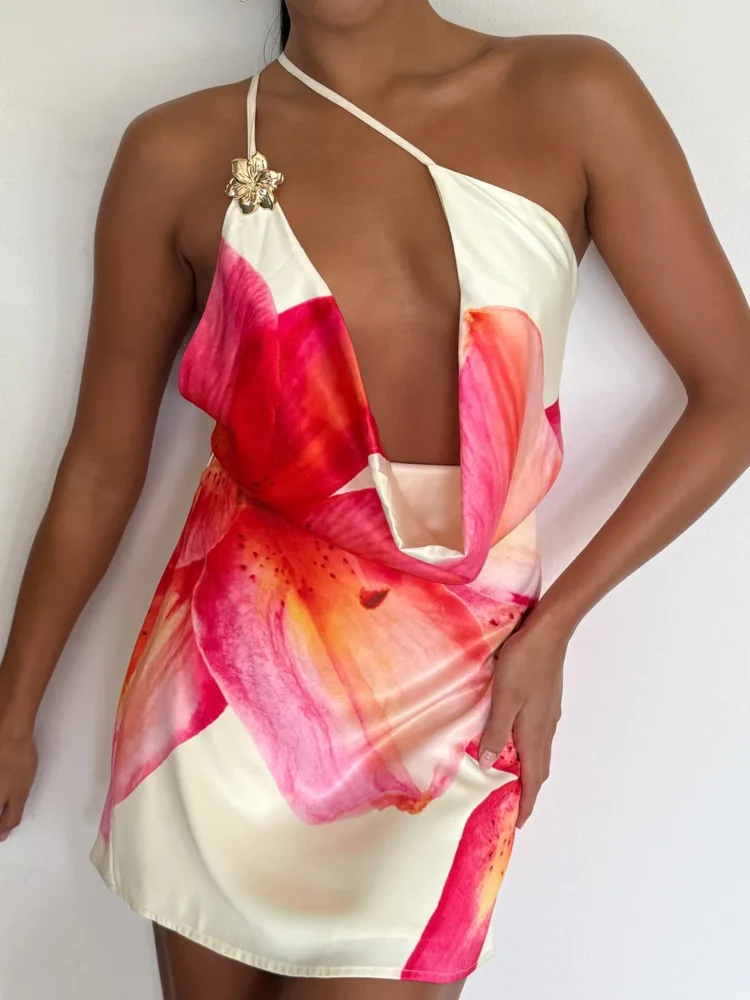 One Shoulder Hollow Out Ruched Sleeveless Vacation Dress - Image 2