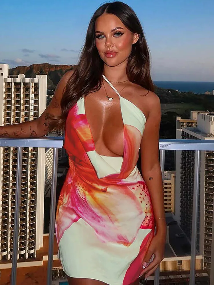 One Shoulder Hollow Out Ruched Sleeveless Vacation Dress - Image 5
