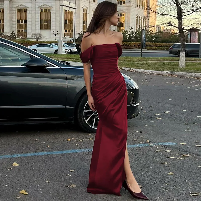 One Shoulder Lace Up Slit Prom Dress - Image 3