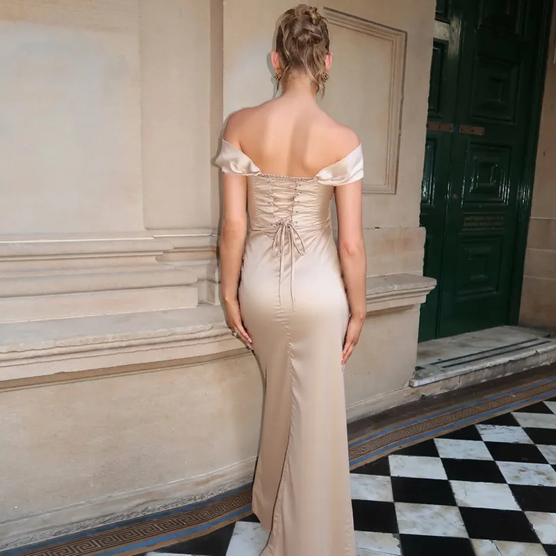 One Shoulder Lace Up Slit Prom Dress - Image 5