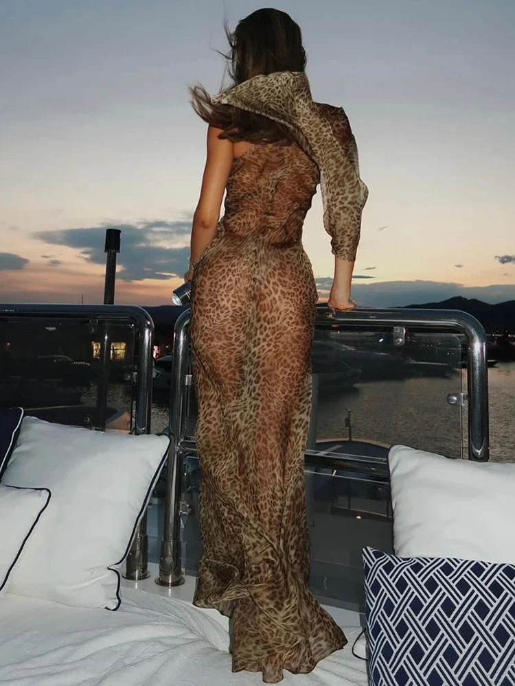 One Shoulder Leopard Print Vacation Dress - Image 3