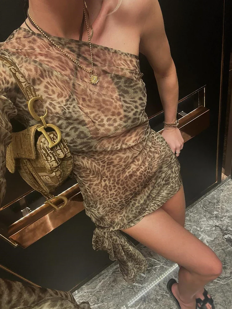 One Shoulder Leopard Print Vacation Dress - Image 4