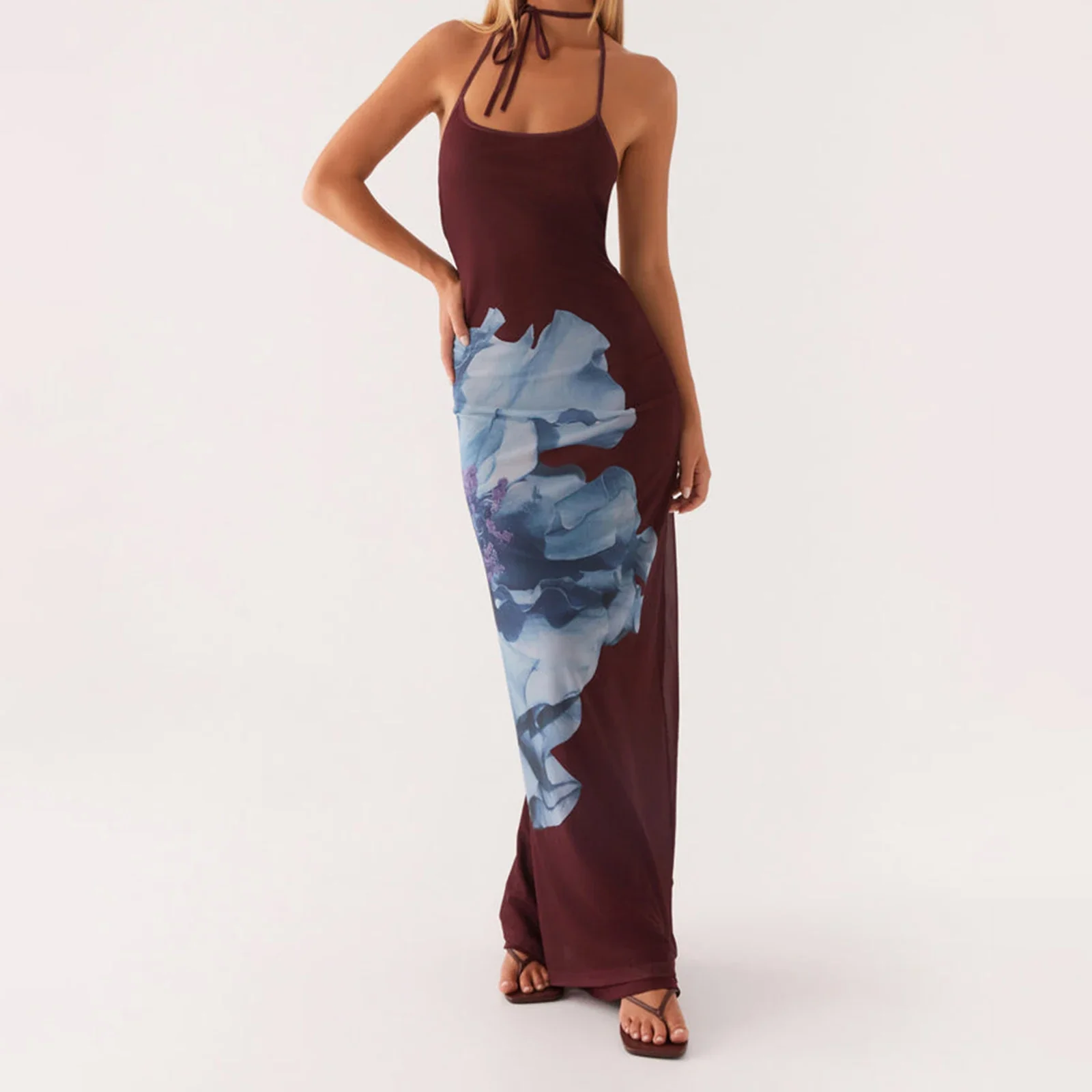 Open Back Floral Halter Slip Vacation Dress