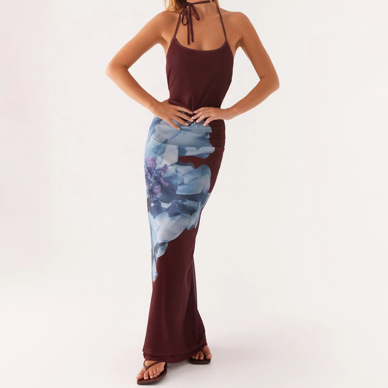 Open Back Floral Halter Slip Vacation Dress - Image 2