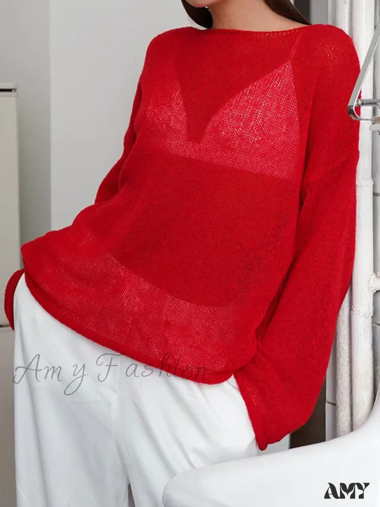 Oversize Thin Knitted Trumpet Long Sleeve Loose Transparent Summer Sweater - Image 10