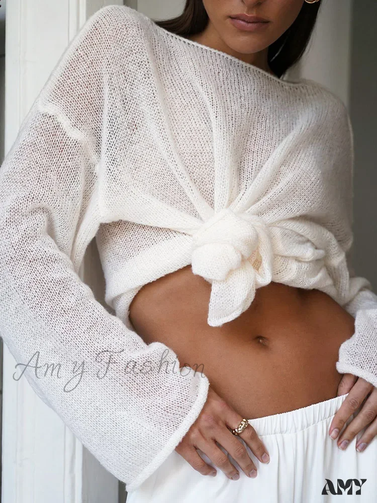 Oversize Thin Knitted Trumpet Long Sleeve Loose Transparent Summer Sweater - Image 11