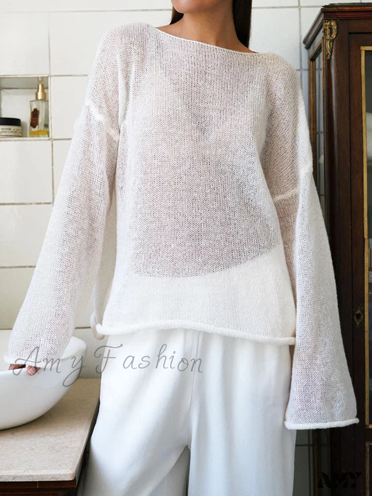 Oversize Thin Knitted Trumpet Long Sleeve Loose Transparent Summer Sweater - Image 2