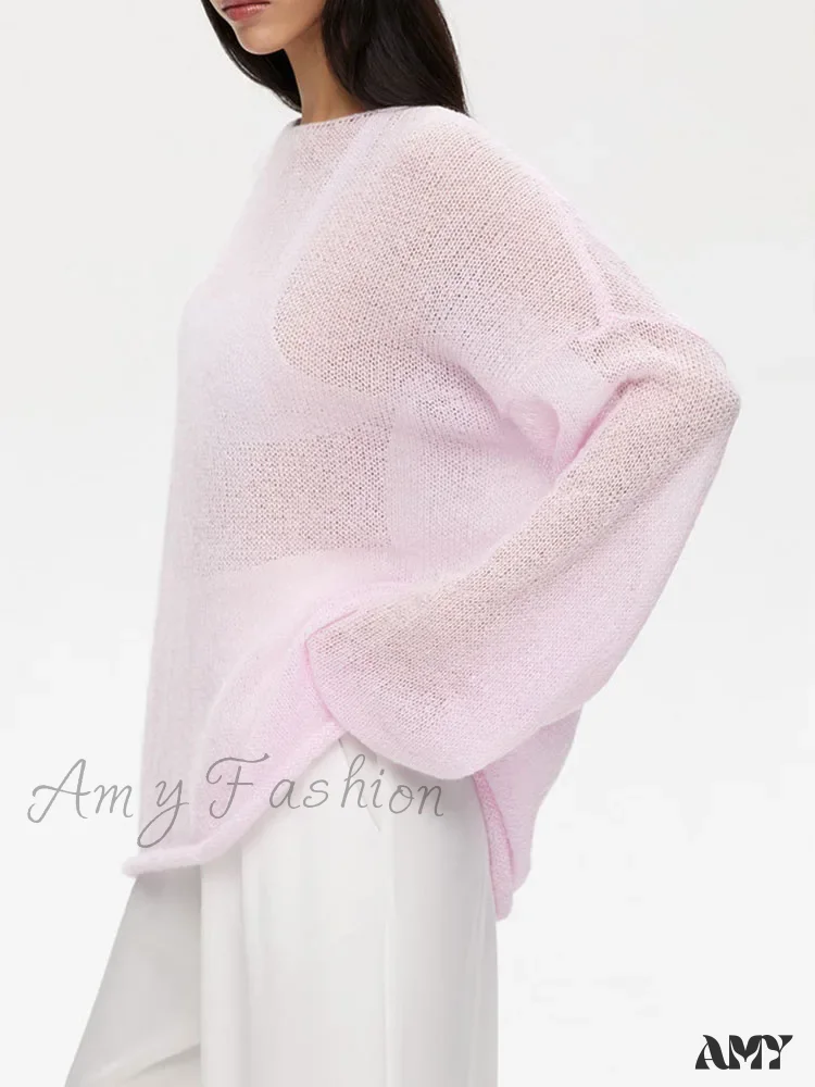 Oversize Thin Knitted Trumpet Long Sleeve Loose Transparent Summer Sweater - Image 9