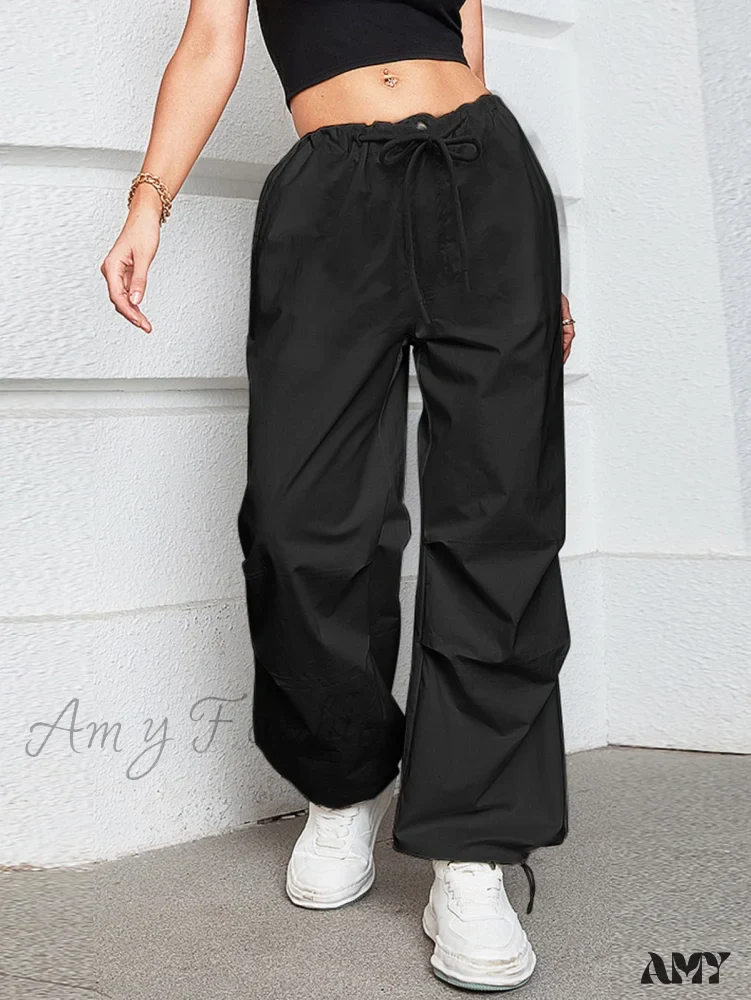 Amy Fashion - Oversized Drawstring Low Waist Slant Pocket Cargo Parachute Pants - Image 3