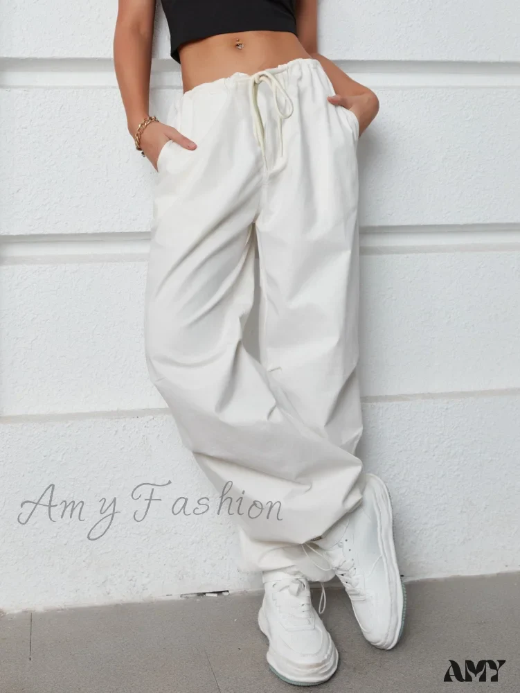 Amy Fashion - Oversized Drawstring Low Waist Slant Pocket Cargo Parachute Pants - Image 6