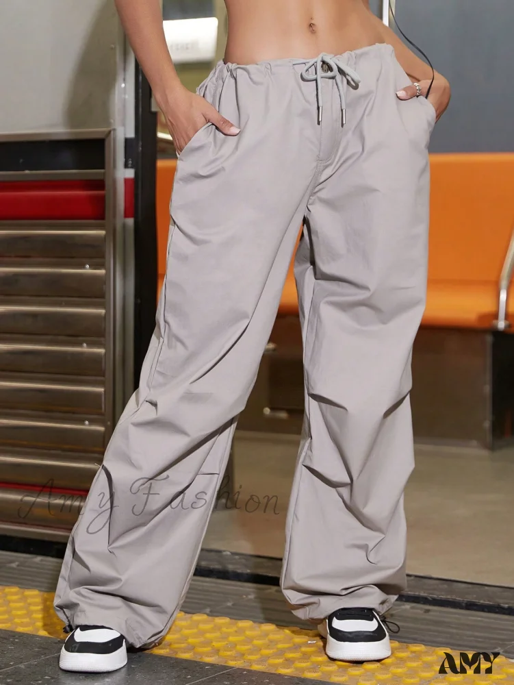 Amy Fashion - Oversized Drawstring Low Waist Slant Pocket Cargo Parachute Pants - Image 8