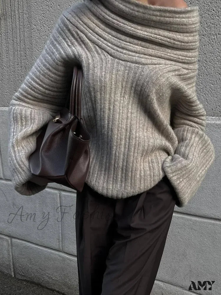 Oversized Sexy Slash Neck Knit Long Sleeve Irregular Casual Sweater - Image 3