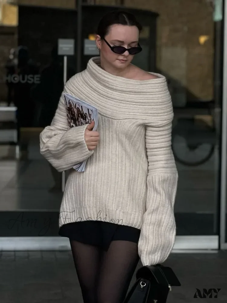 Oversized Sexy Slash Neck Knit Long Sleeve Irregular Casual Sweater - Image 4