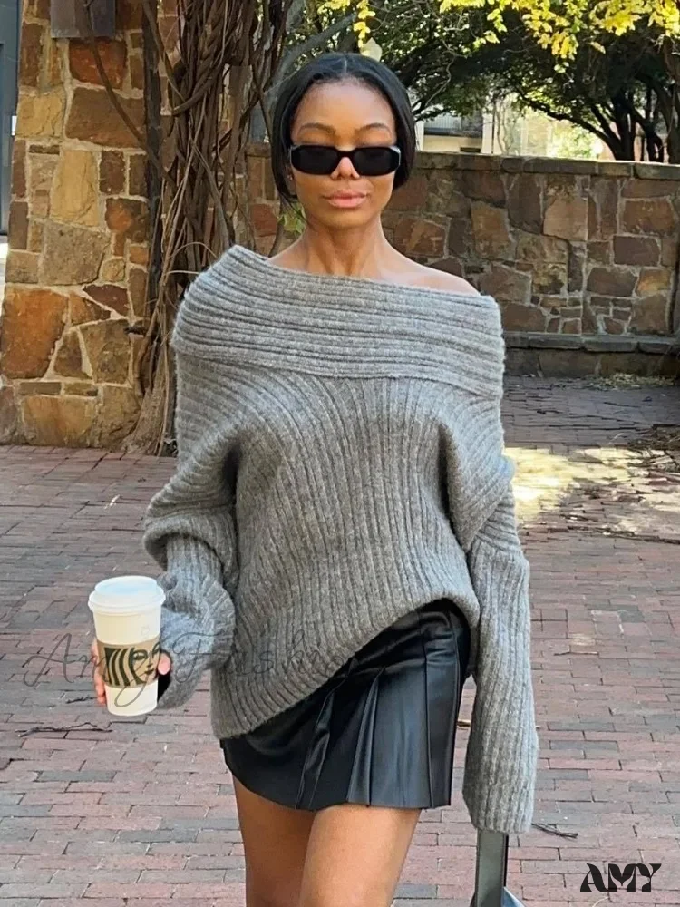 Oversized Sexy Slash Neck Knit Long Sleeve Irregular Casual Sweater - Image 5