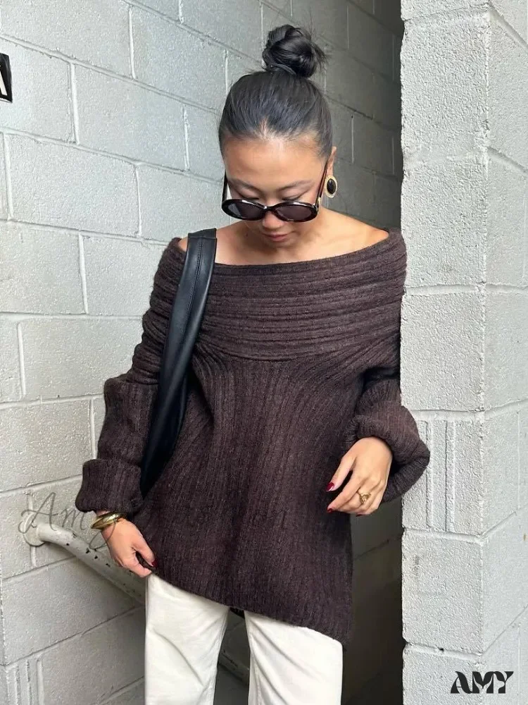 Oversized Sexy Slash Neck Knit Long Sleeve Irregular Casual Sweater - Image 6