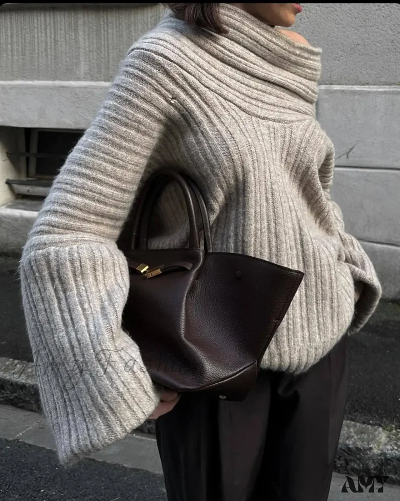 Oversized Sexy Slash Neck Knit Long Sleeve Irregular Casual Sweater - Image 7
