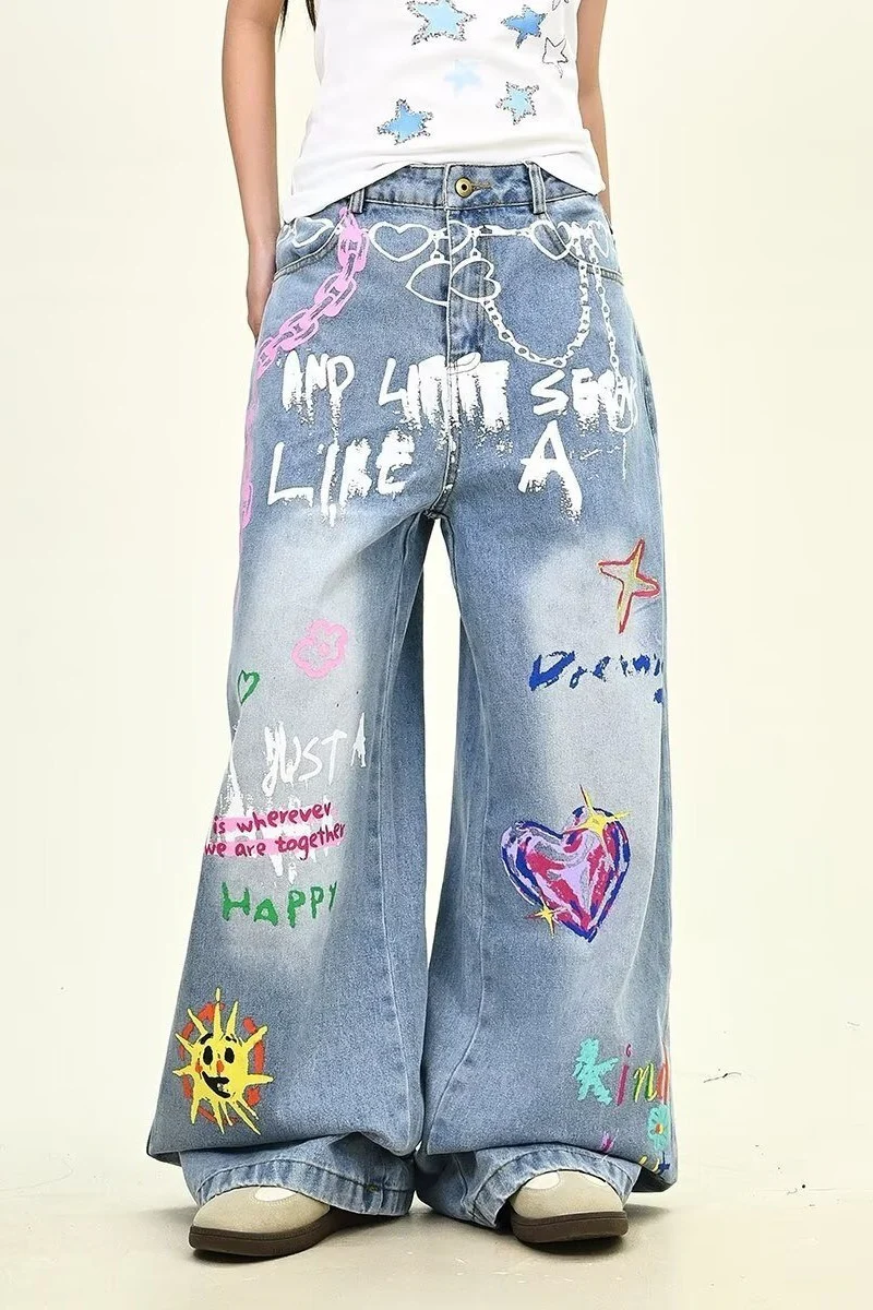 Oversized Washed Star Embroidered Straight Leg Jeans - Image 3