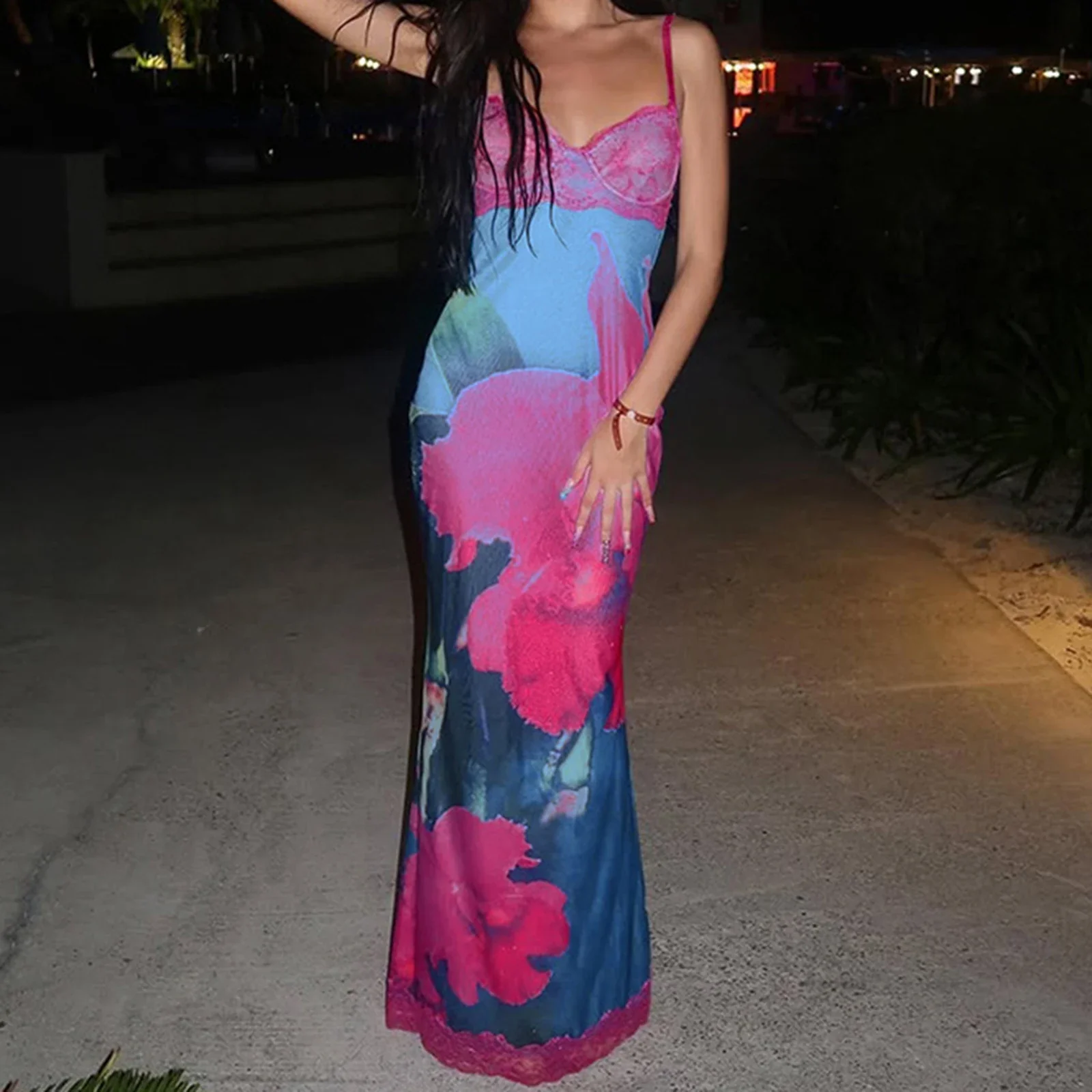 Patchwork Deep V Floral Cami Vacation Dress - Image 2