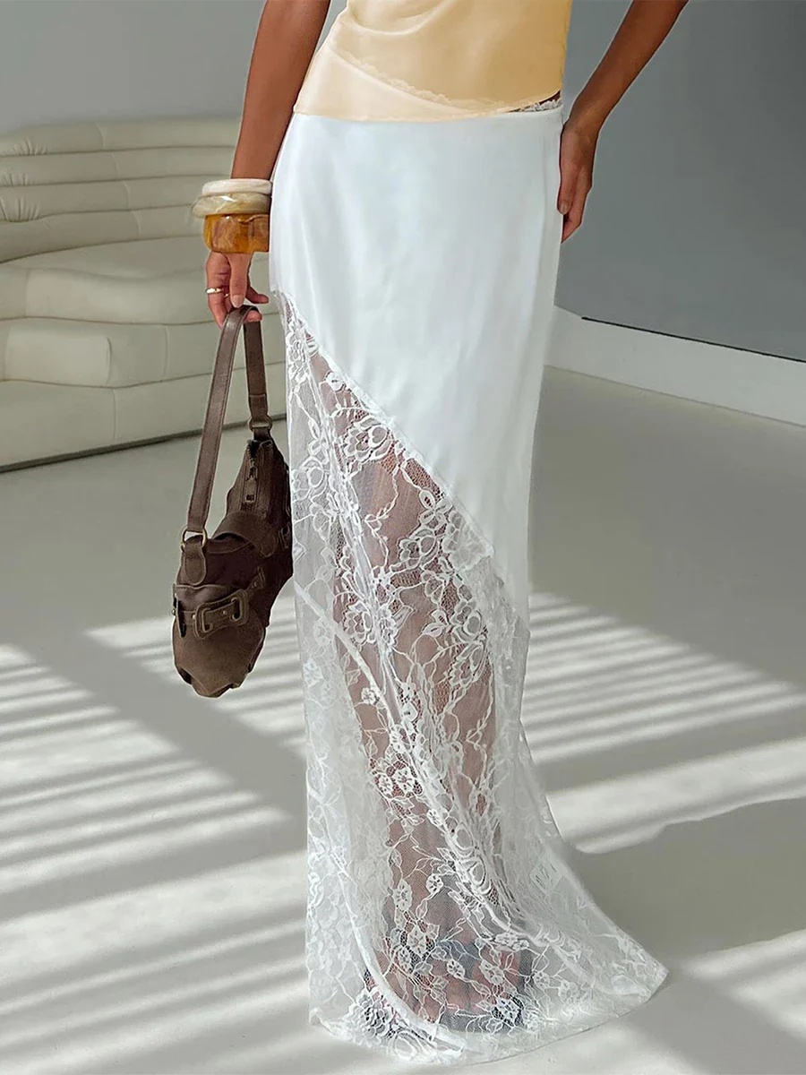 Patchwork Lace Asymmetric Midi Skirt - Image 3