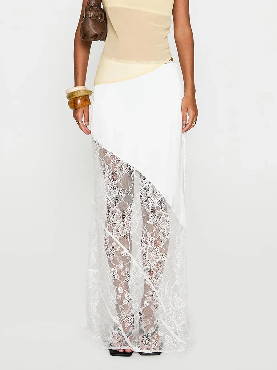 Patchwork Lace Asymmetric Midi Skirt - Image 4