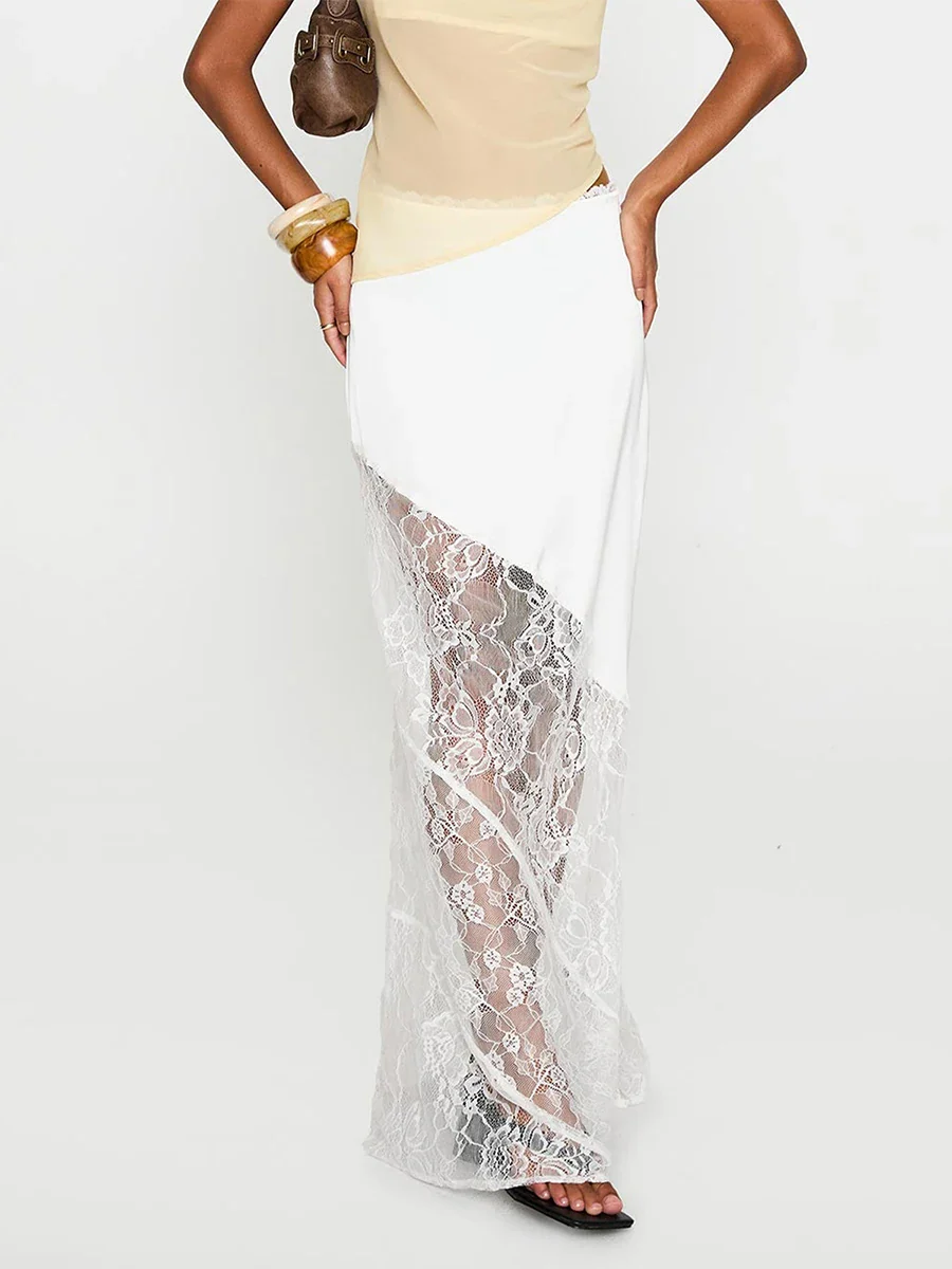 Patchwork Lace Asymmetric Midi Skirt - Image 7