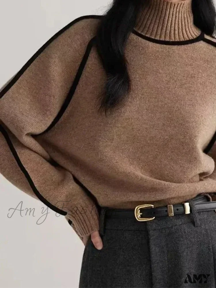 Patchwork Turtleneck Knitted Warm Thicken Long Sleeve Sweater - Image 2
