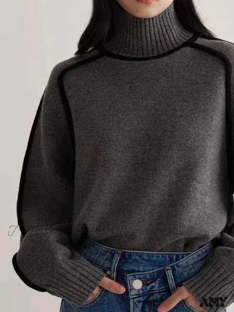 Patchwork Turtleneck Knitted Warm Thicken Long Sleeve Sweater - Image 3