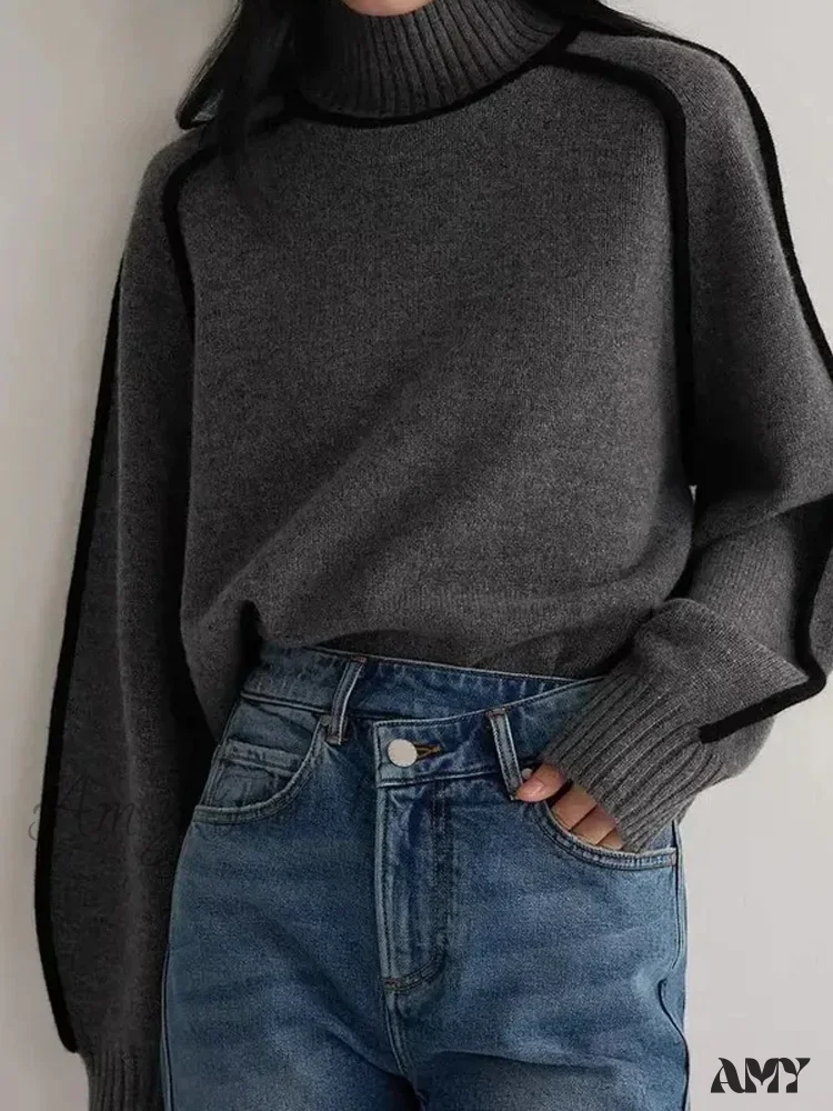 Patchwork Turtleneck Knitted Warm Thicken Long Sleeve Sweater - Image 4