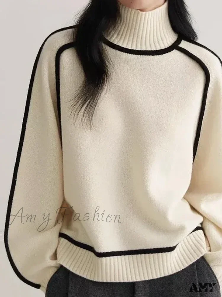 Patchwork Turtleneck Knitted Warm Thicken Long Sleeve Sweater - Image 5