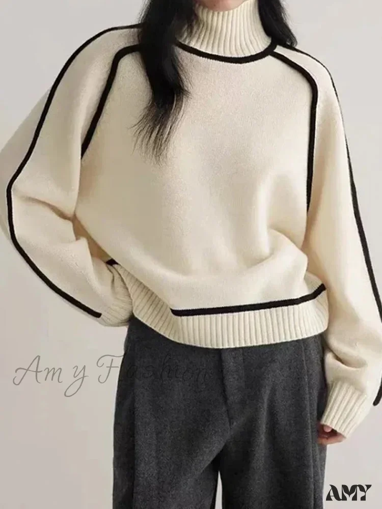 Patchwork Turtleneck Knitted Warm Thicken Long Sleeve Sweater - Image 6