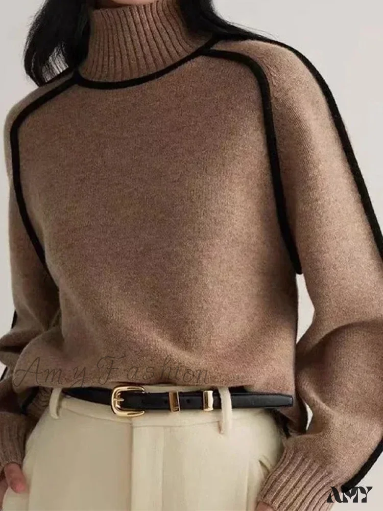 Patchwork Turtleneck Knitted Warm Thicken Long Sleeve Sweater - Image 8