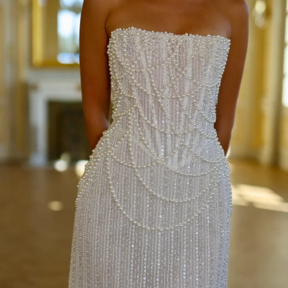 Pearl Beading Strapless Mini Vacation Dress - Image 2