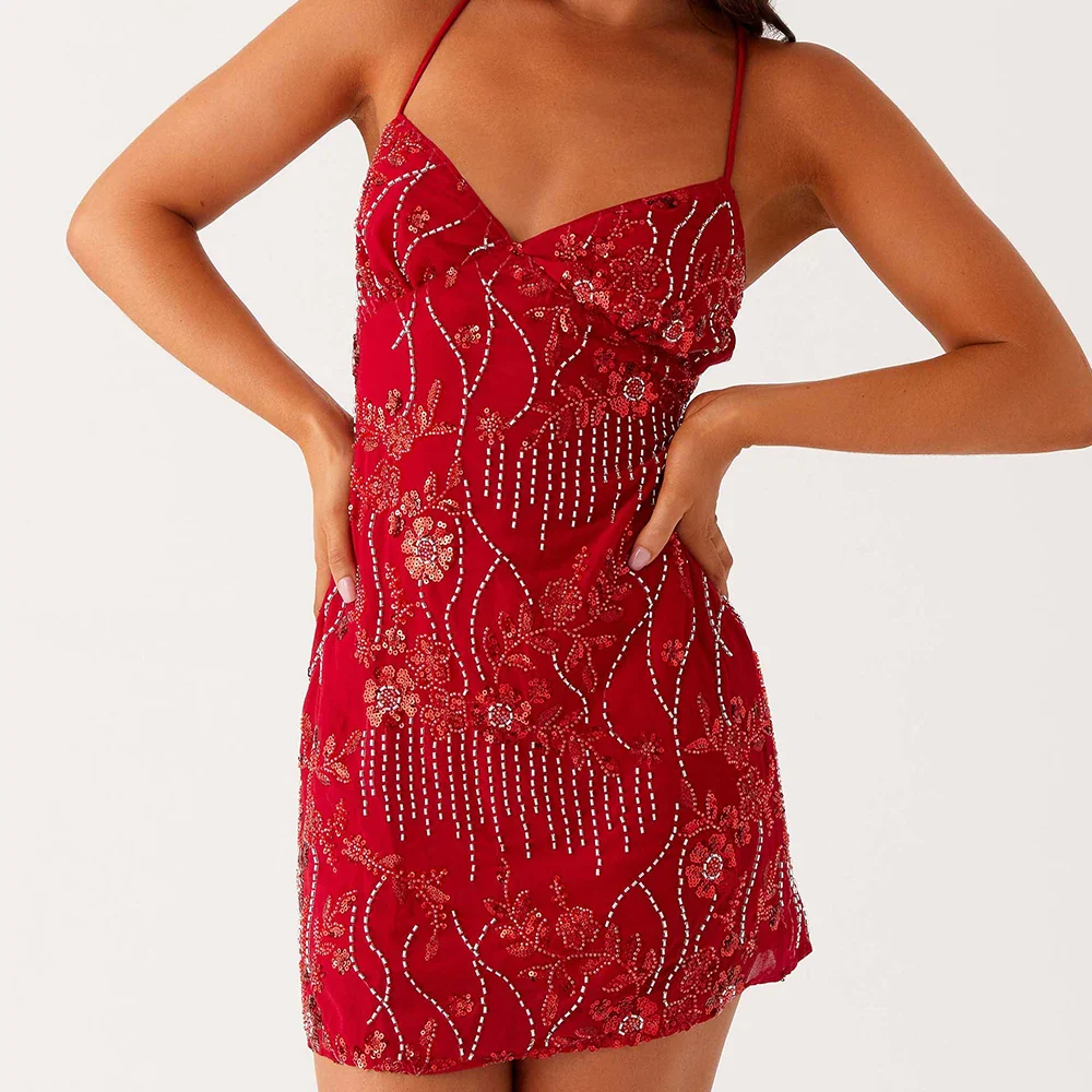 Pearl Floral V Neck Sequin Bodycon Dress - Image 4