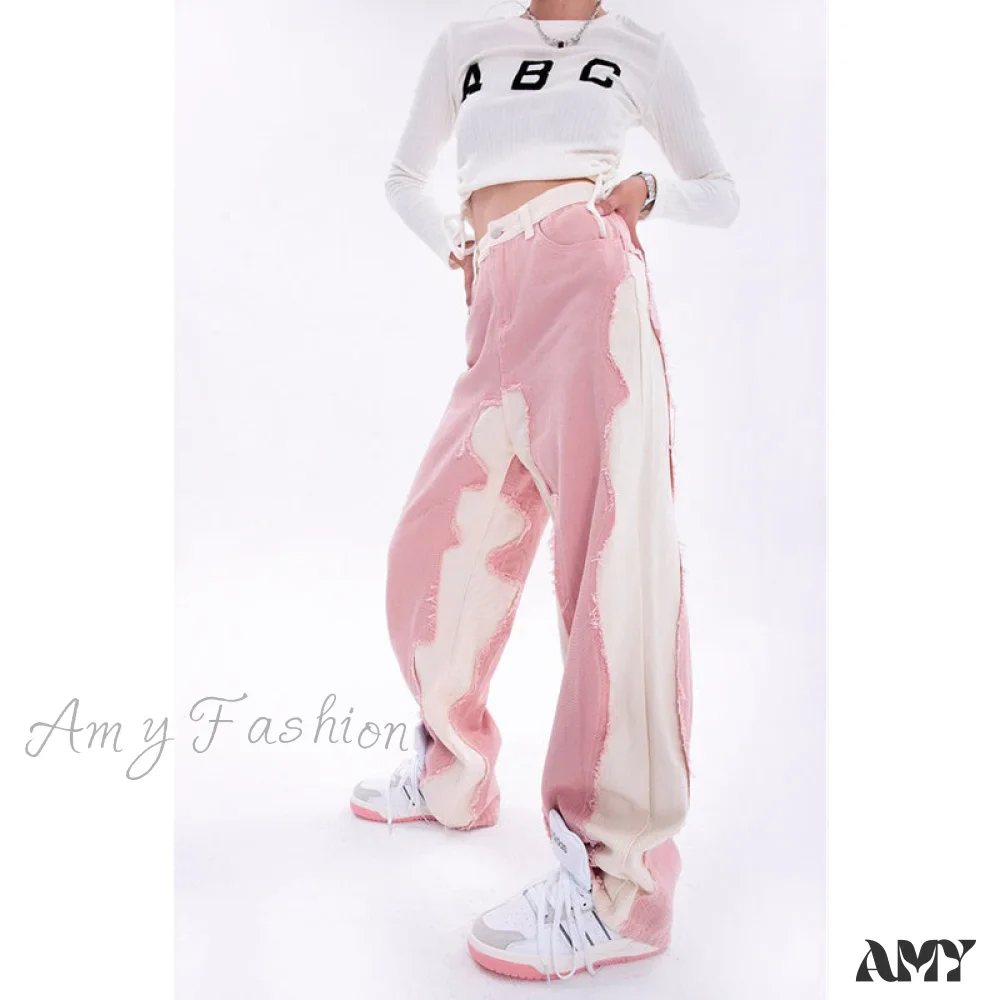 Amy Fashion - Hip Hop Street Style Pink White Baggy Jeans