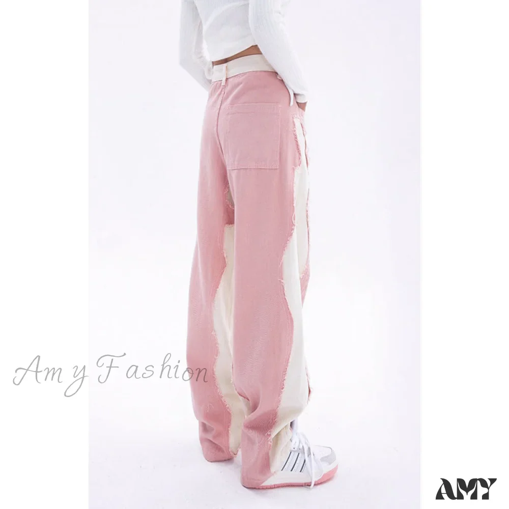 Amy Fashion - Hip Hop Street Style Pink White Baggy Jeans - Image 2