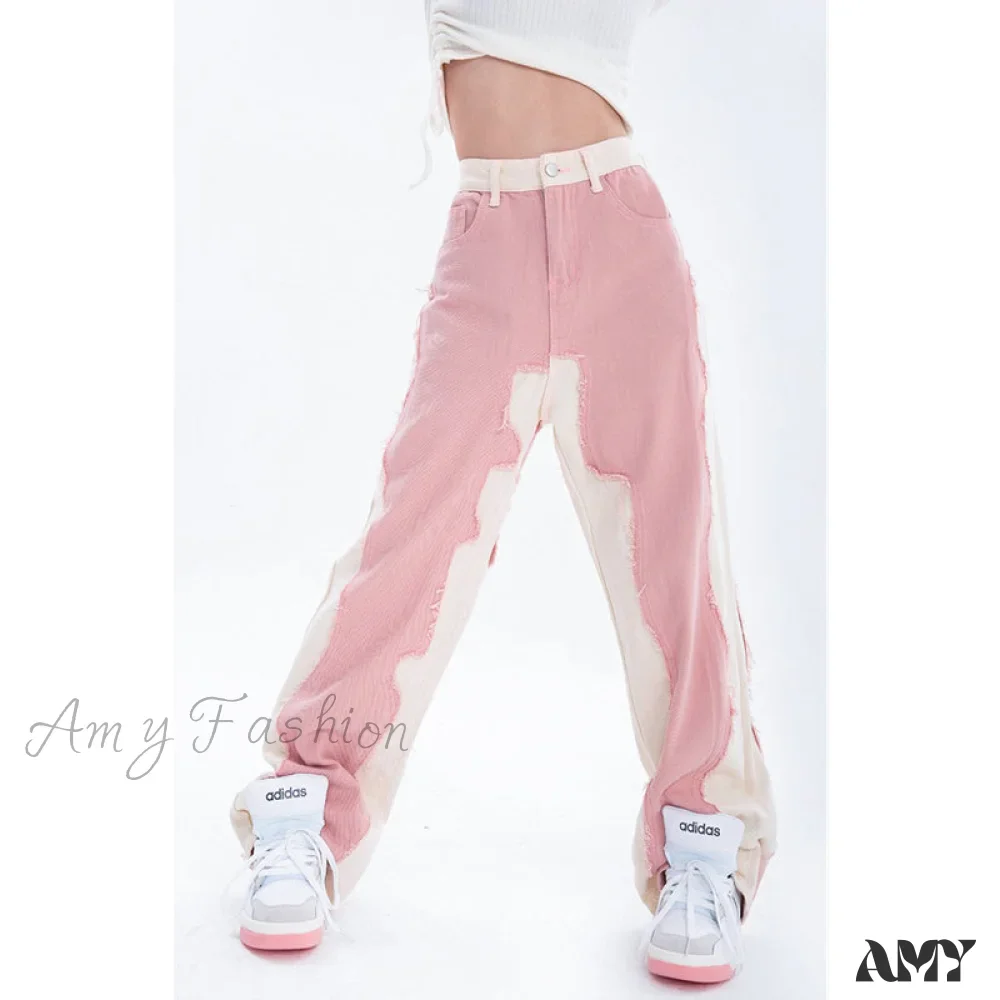 Amy Fashion - Hip Hop Street Style Pink White Baggy Jeans - Image 3